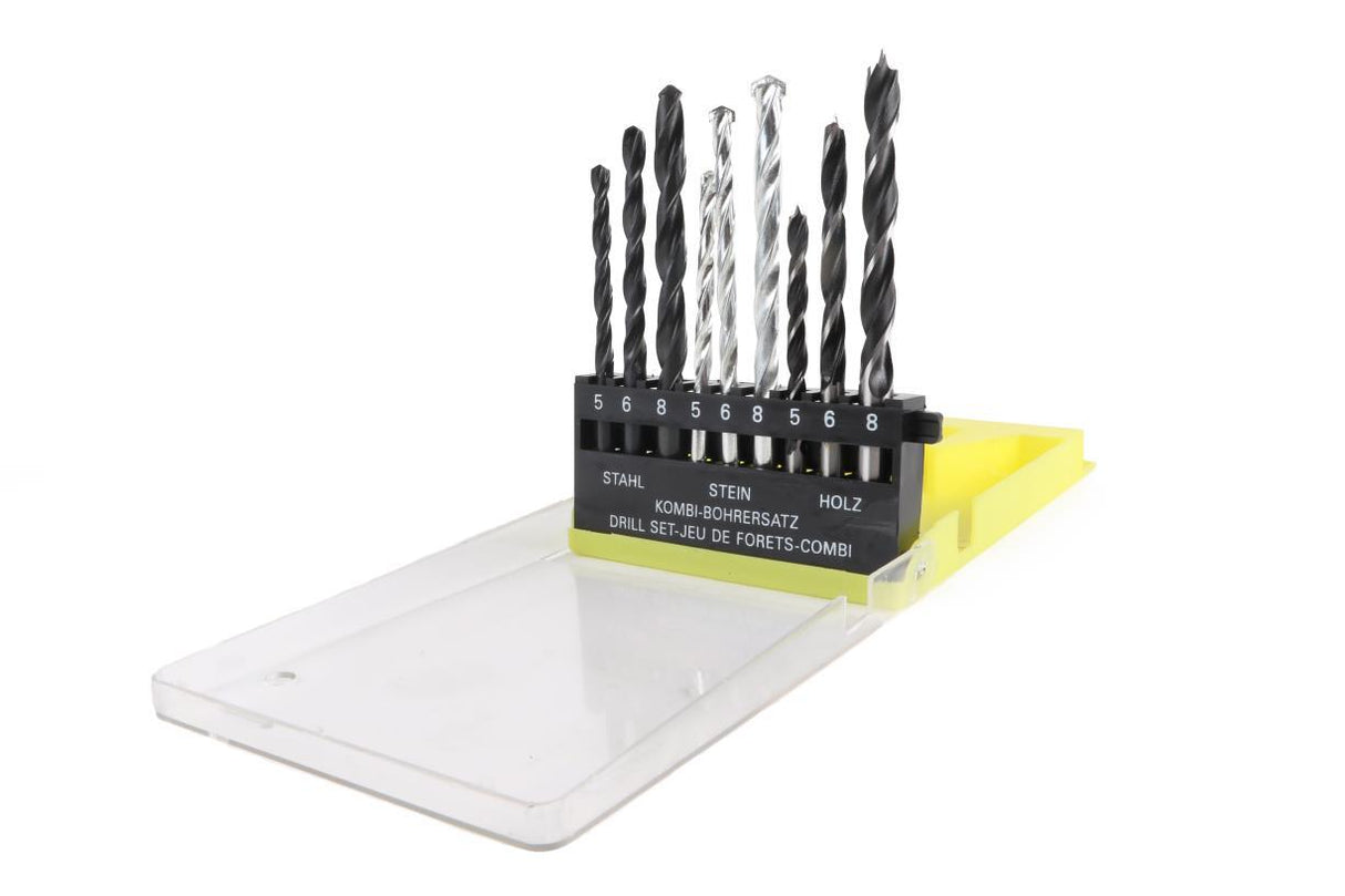 Boorset 9 dlg hout en metaal en steen cassette