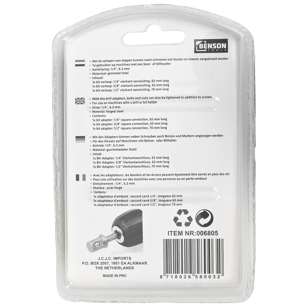 Drill adapter to socket 1/4-3/8-1/2" x 70 mm