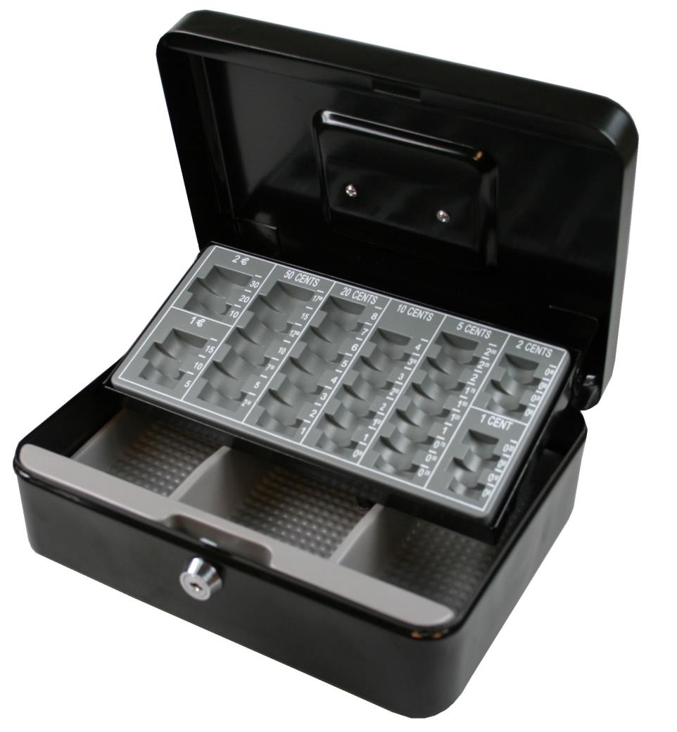 Cash box black + coin tray 250 x 180 x 90 mm