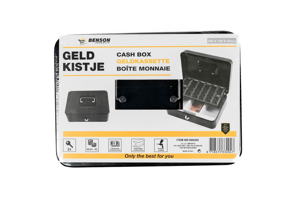 Cash box black + coin tray 250 x 180 x 90 mm