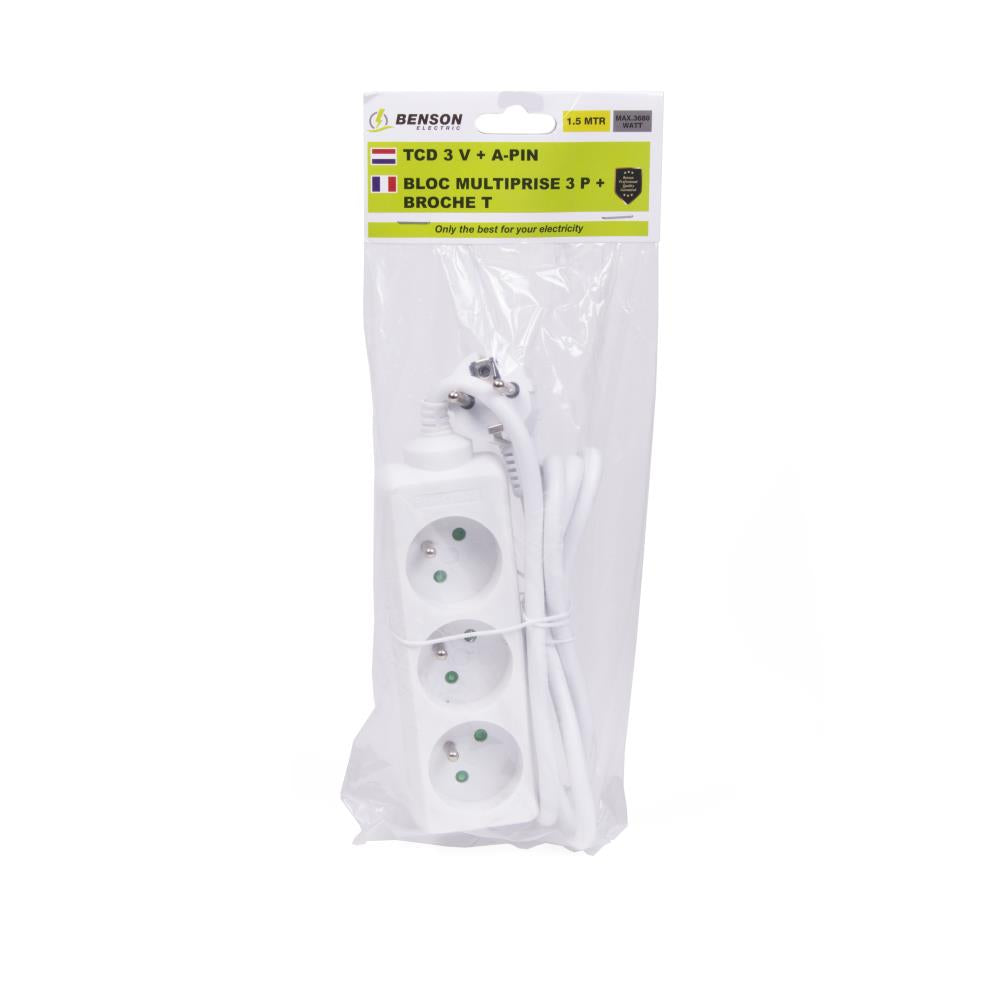 Steckdosenleiste 3-fach + A-pin + 1,5 m Weiss