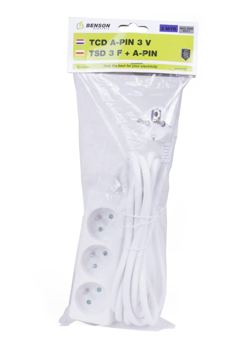 Steckdosenleiste 3-fach + A-pin + 3,0 m Weiss