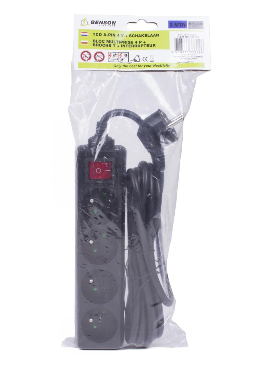 Steckdosenleiste 4-fach + A-pin + Schalter + 3 m schwarz