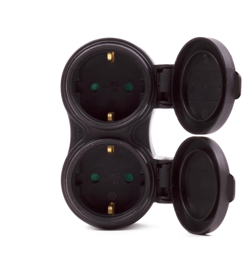 Steckdosenadapter 2-fach + SK + Deckel schwarz