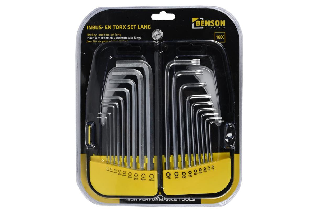 Hex key- and torx wrench set long 18 pcs profi