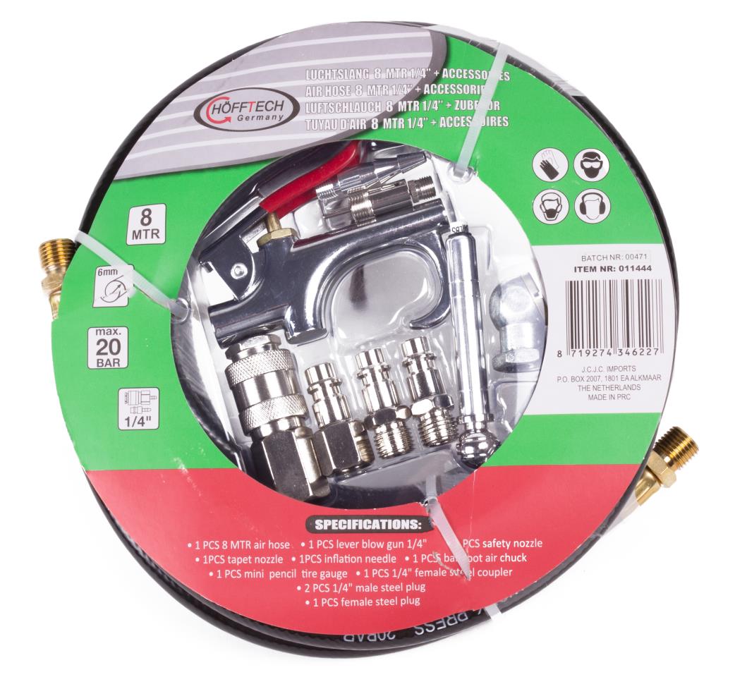 Luchtslang 8 mtr 1/4" + accessoires 10 dlg