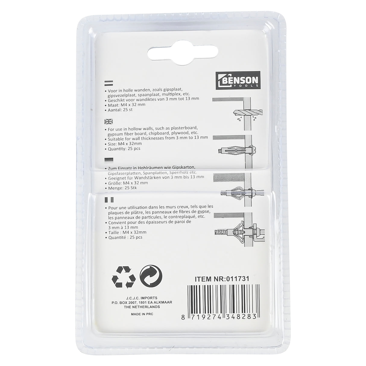 Paroi creuse ancre M4 x 32 mm 25 pcs