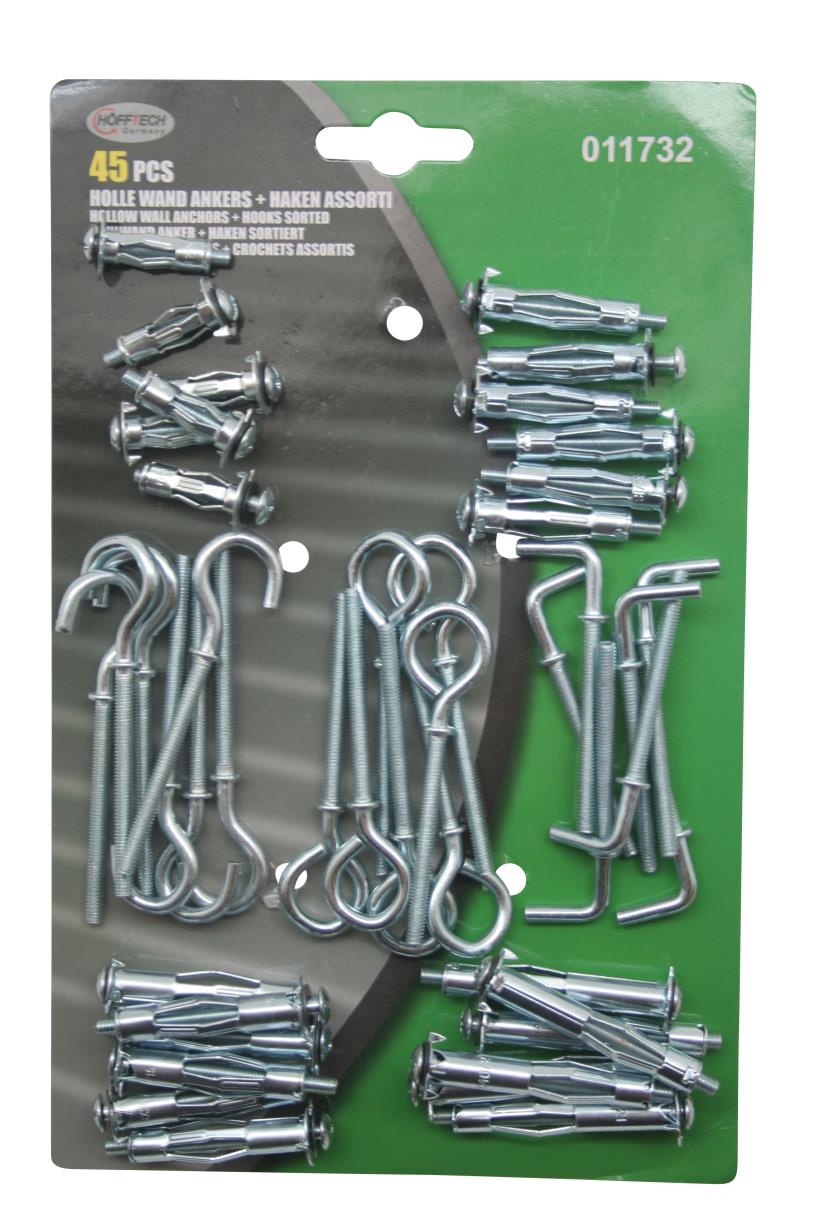 Hollow wall anchors + hooks sorted 45 pcs