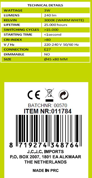 LED light bulb G45 3W E27