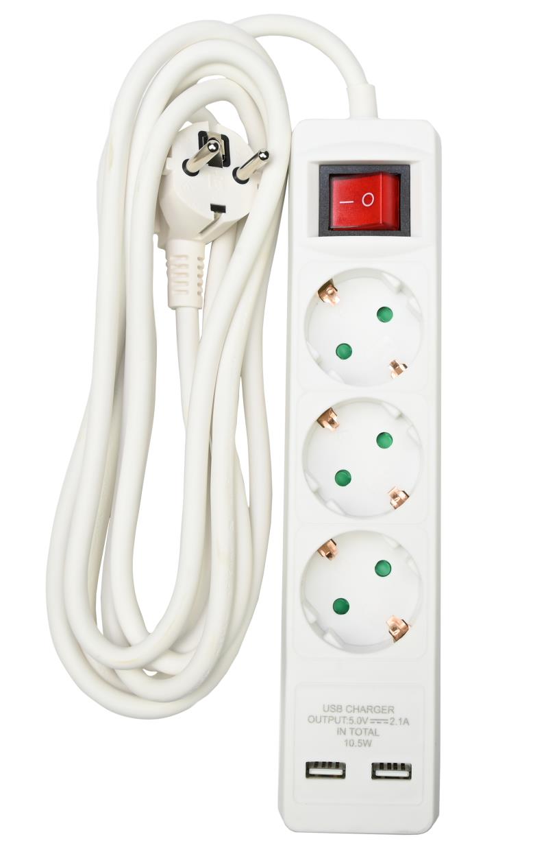 Stekkerdoos 3-voudig + RA 3 x 1.5 + schakelaar + 2 x USB + 3 mtr