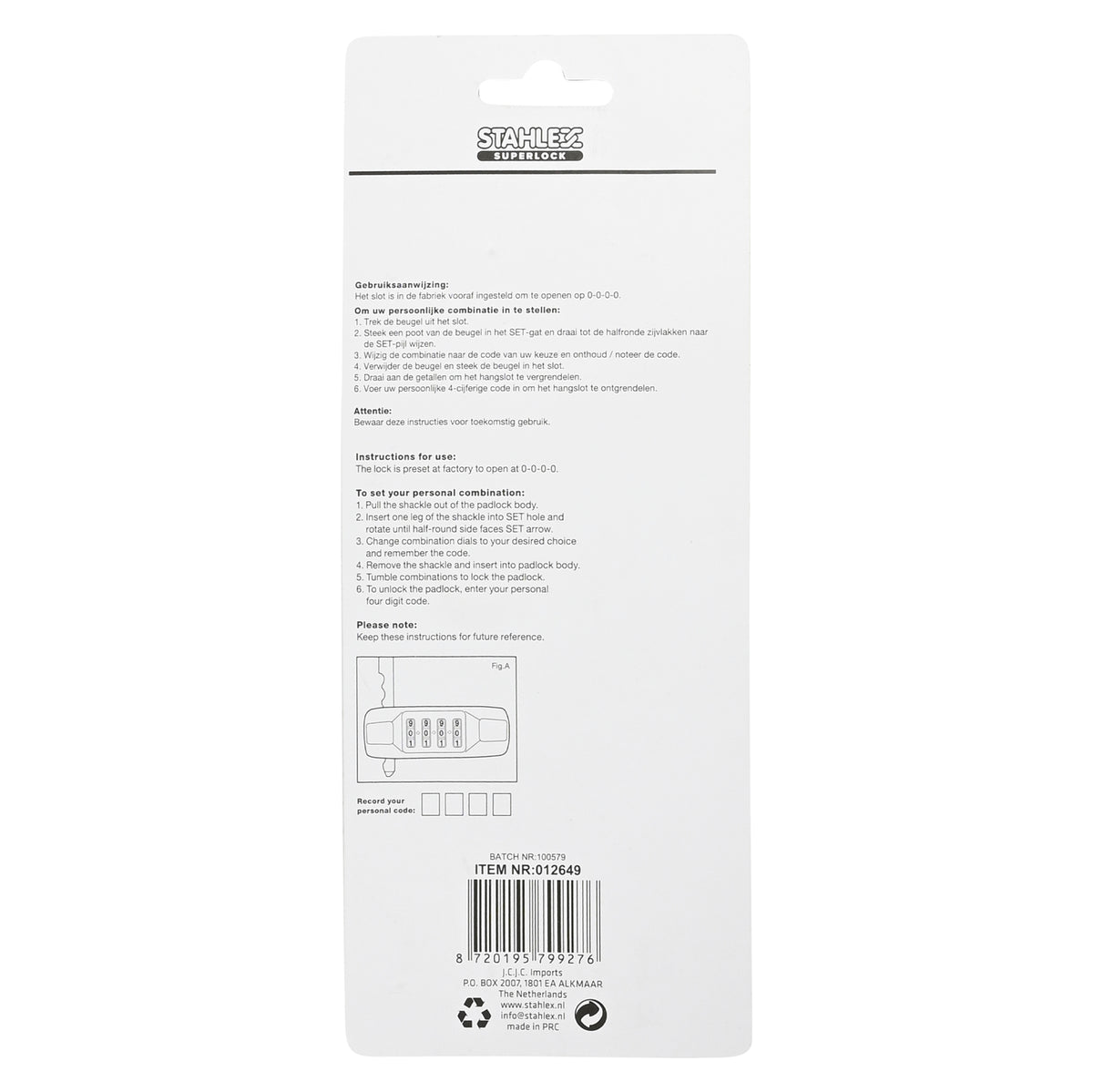 U combination lock 75 x 200 mm