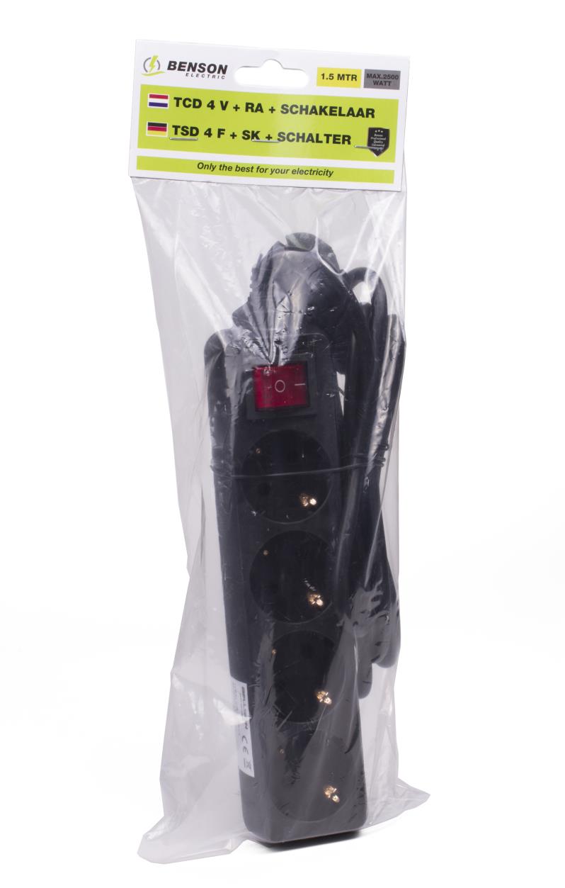 Extension socket 4-way  + earth + switch 1.5 m black