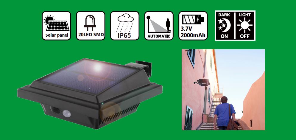 Wall lamp flat solar LED + pir sensor IP65