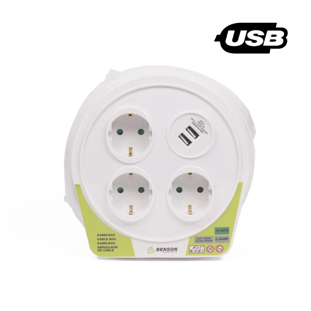 Enrouleur de câble 10 m 3 p + 2 USB 2.4 amp