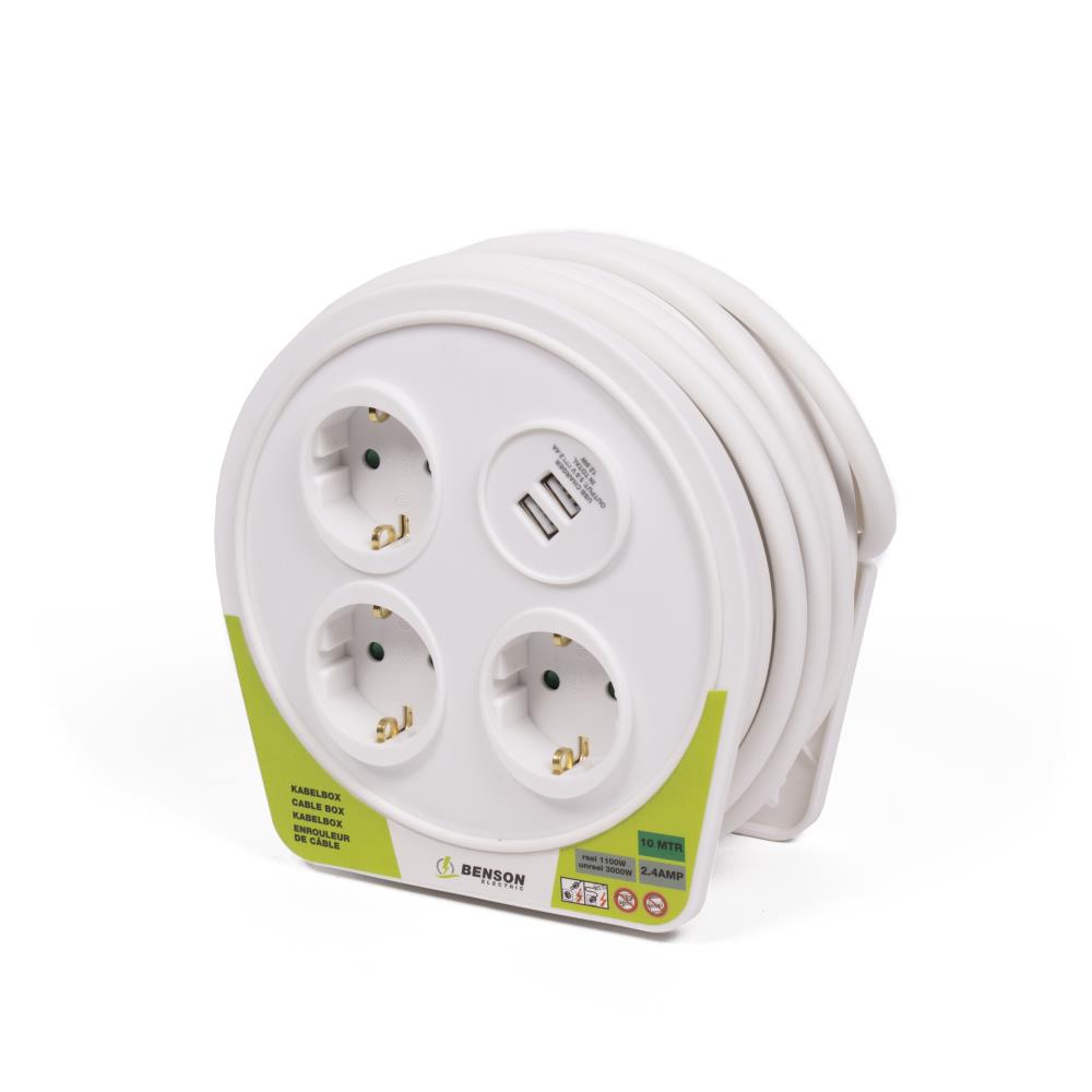 Enrouleur de câble 10 m 3 p + 2 USB 2.4 amp