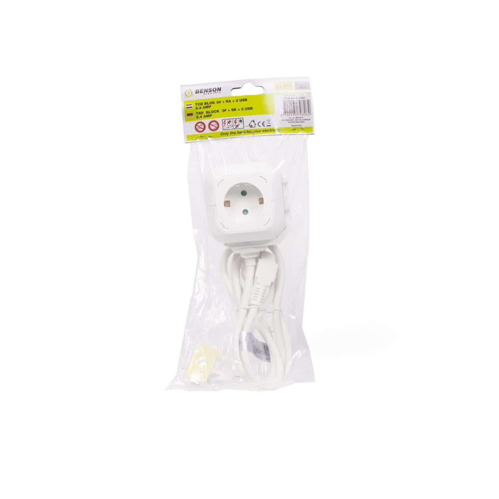 Steckdosenwürfel 3-fach + SK + 2 USB 2.4 A + 1,5 m