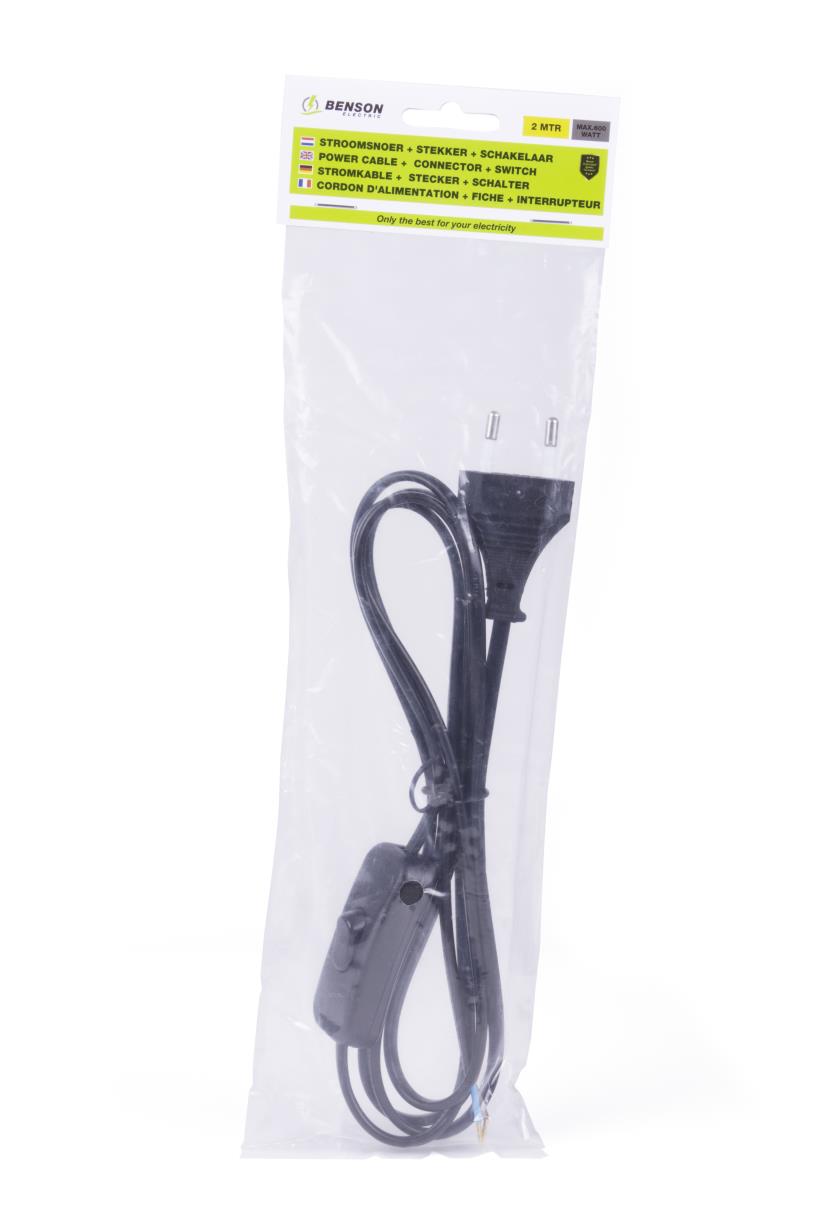 Stroomsnoer + stekker + schakelaar 2 mtr zwart