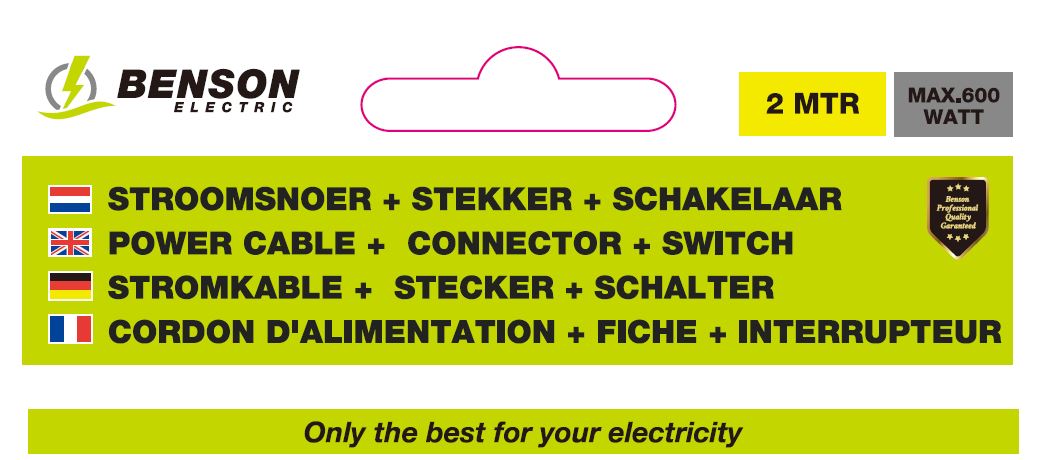 Stroomsnoer + stekker + schakelaar 2 mtr zwart
