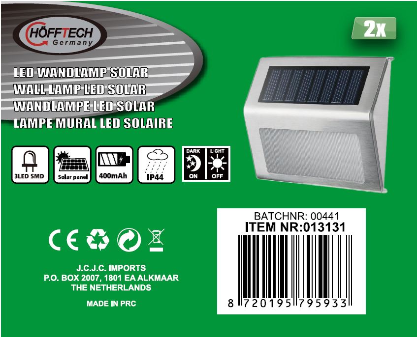 LED wandlamp solar RVS 1.2V 400 mAh 2 dlg