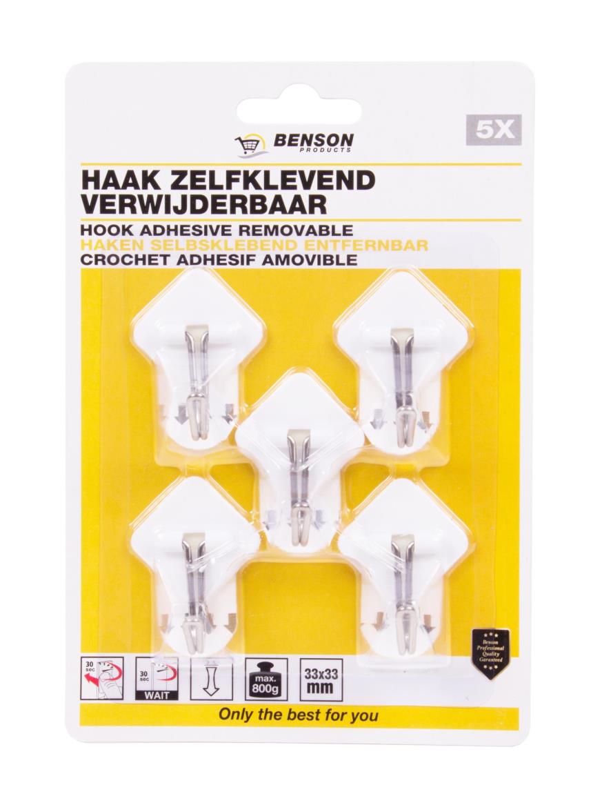 Hook adhesive removable 5 pcs 3,3 x 3,3 cm
