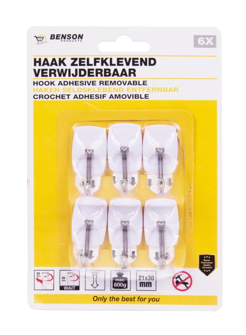 Hook adhesive removable 6 pcs 2,1 x 3 cm