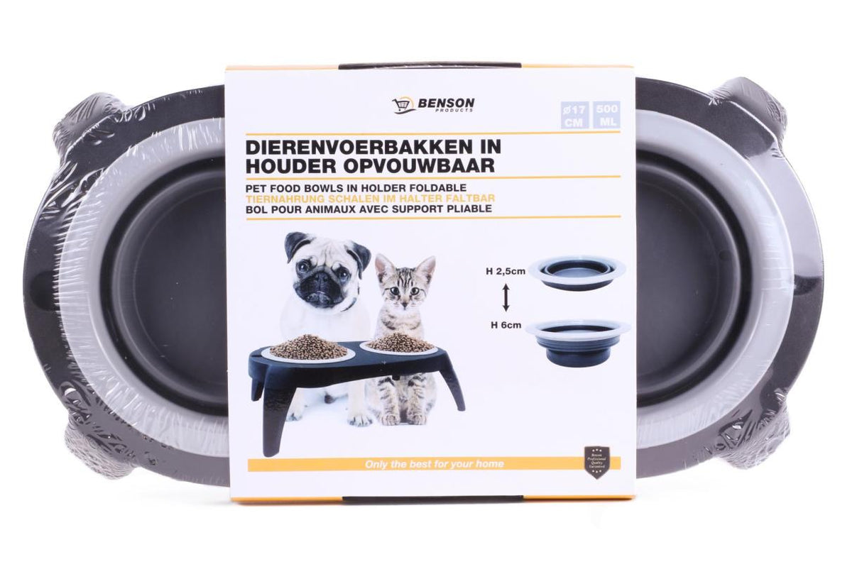 Pet food bowls foldable in holder