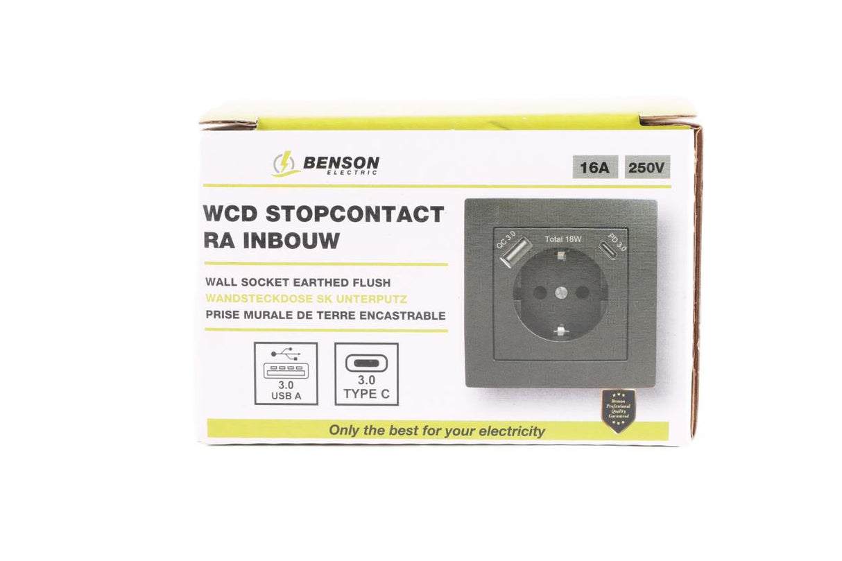 Stopcontact RA inbouw met USB-A/C zwart
