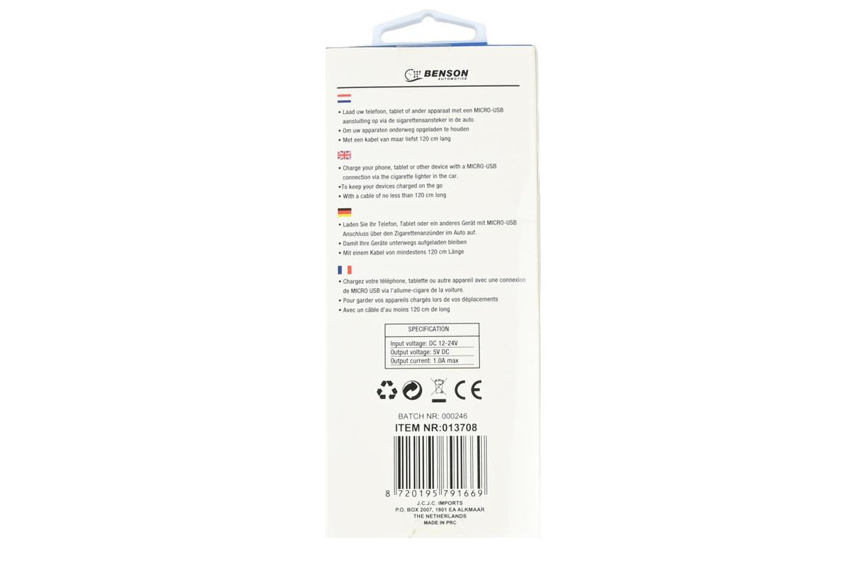 Autolader micro USB kabel 1.2 mtr 12-24V