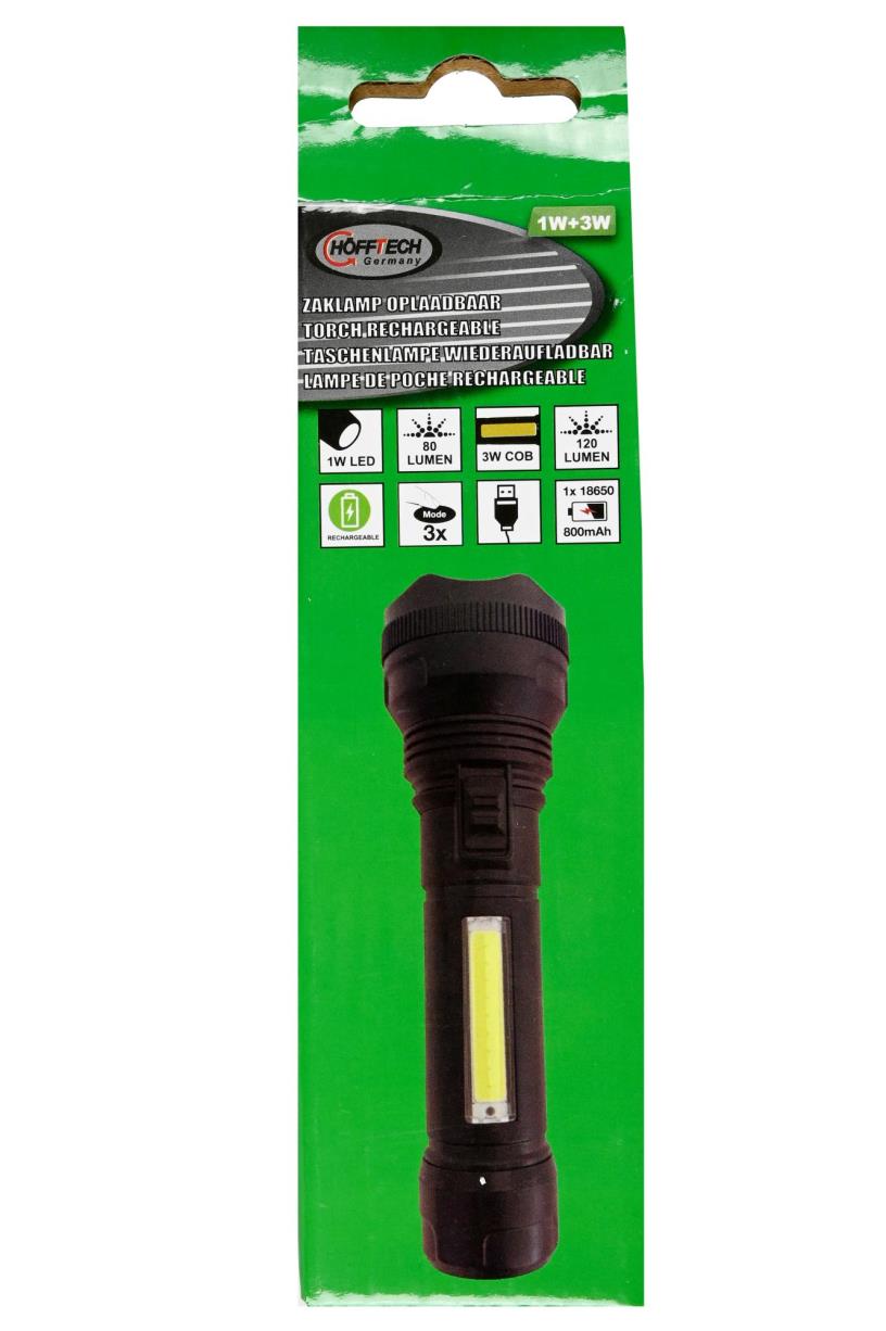 Zaklamp 1W LED + 3W COB oplaadbaar zwart