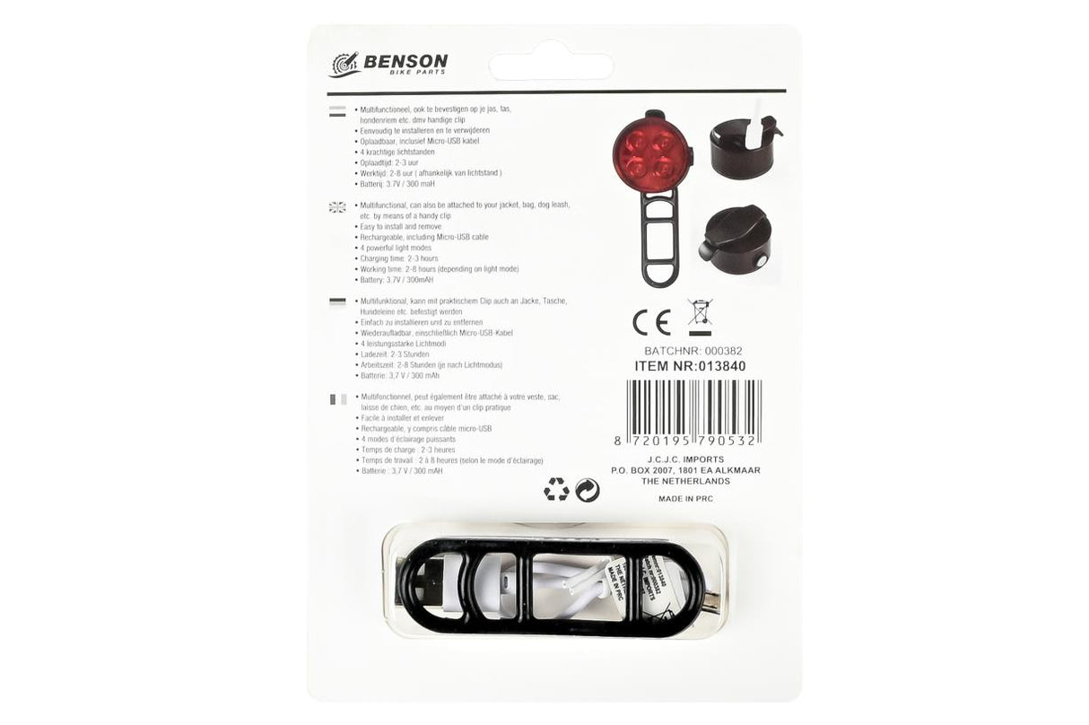 Bike light USB rechargeable red including clip