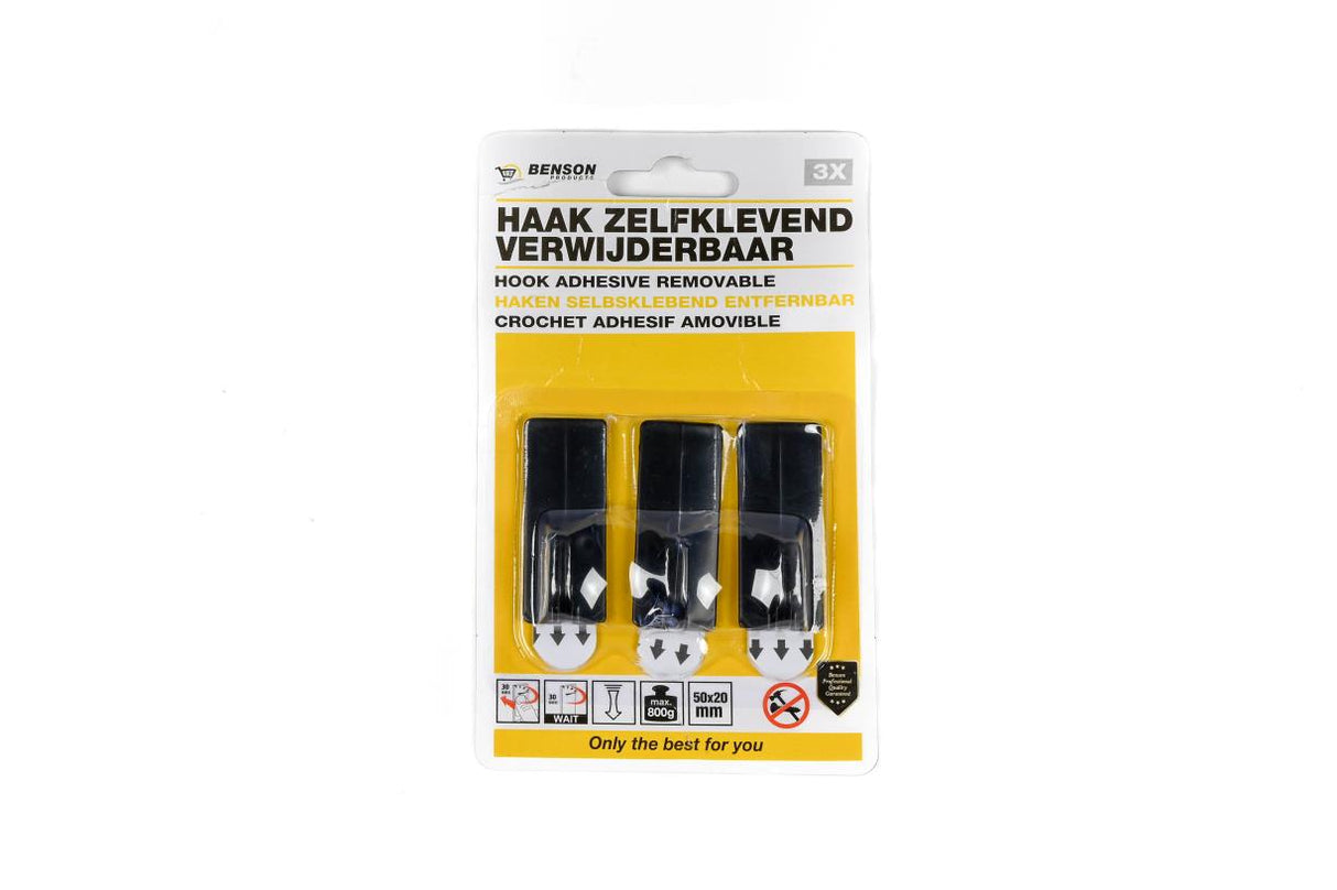 Hook adhesive removable 3 pcs 5 x 2 cm black