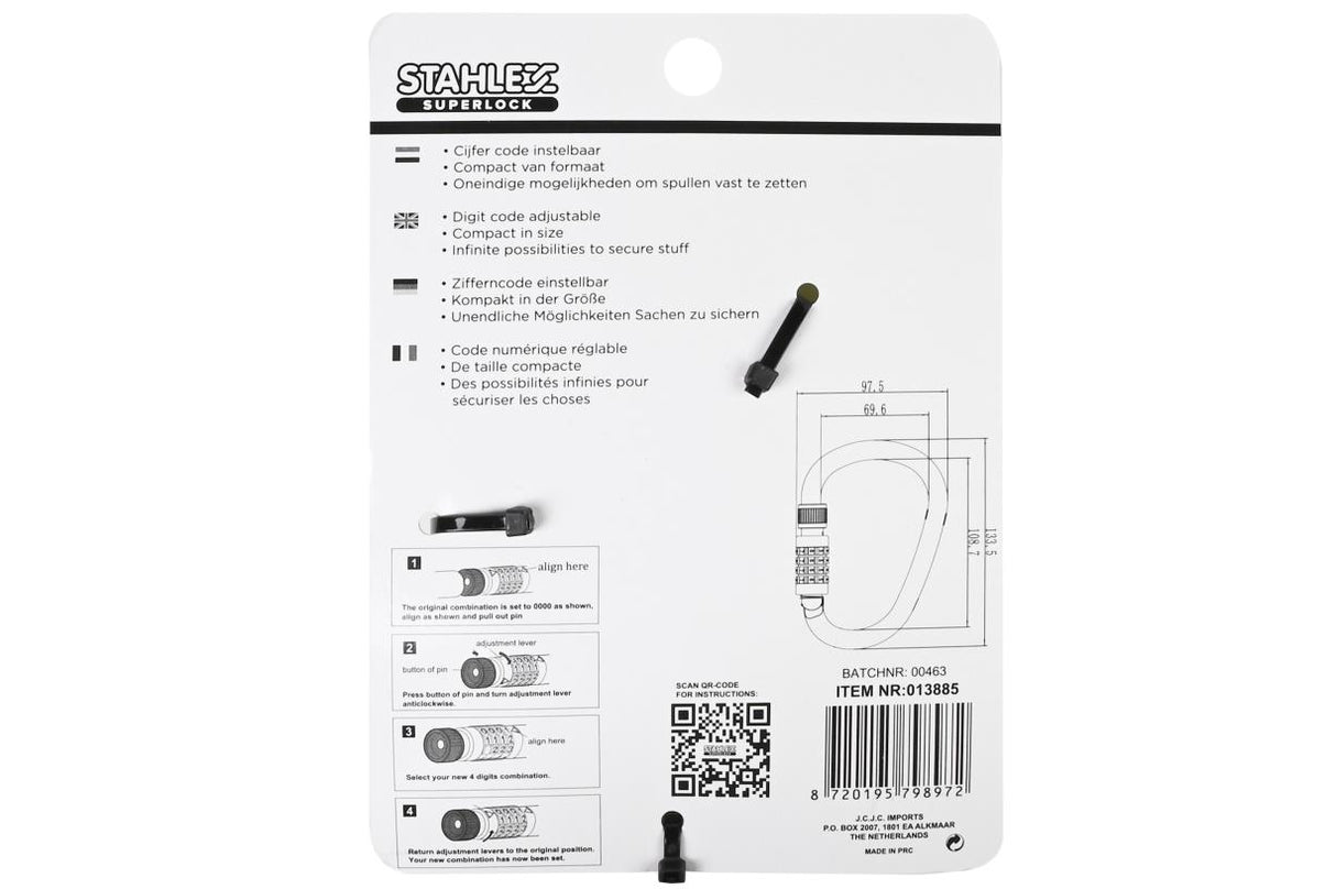 Cable-carabine combination lock 4 x 1800 mm