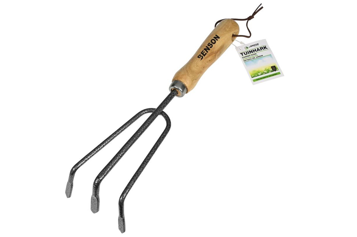 Garden rake with wooden handle