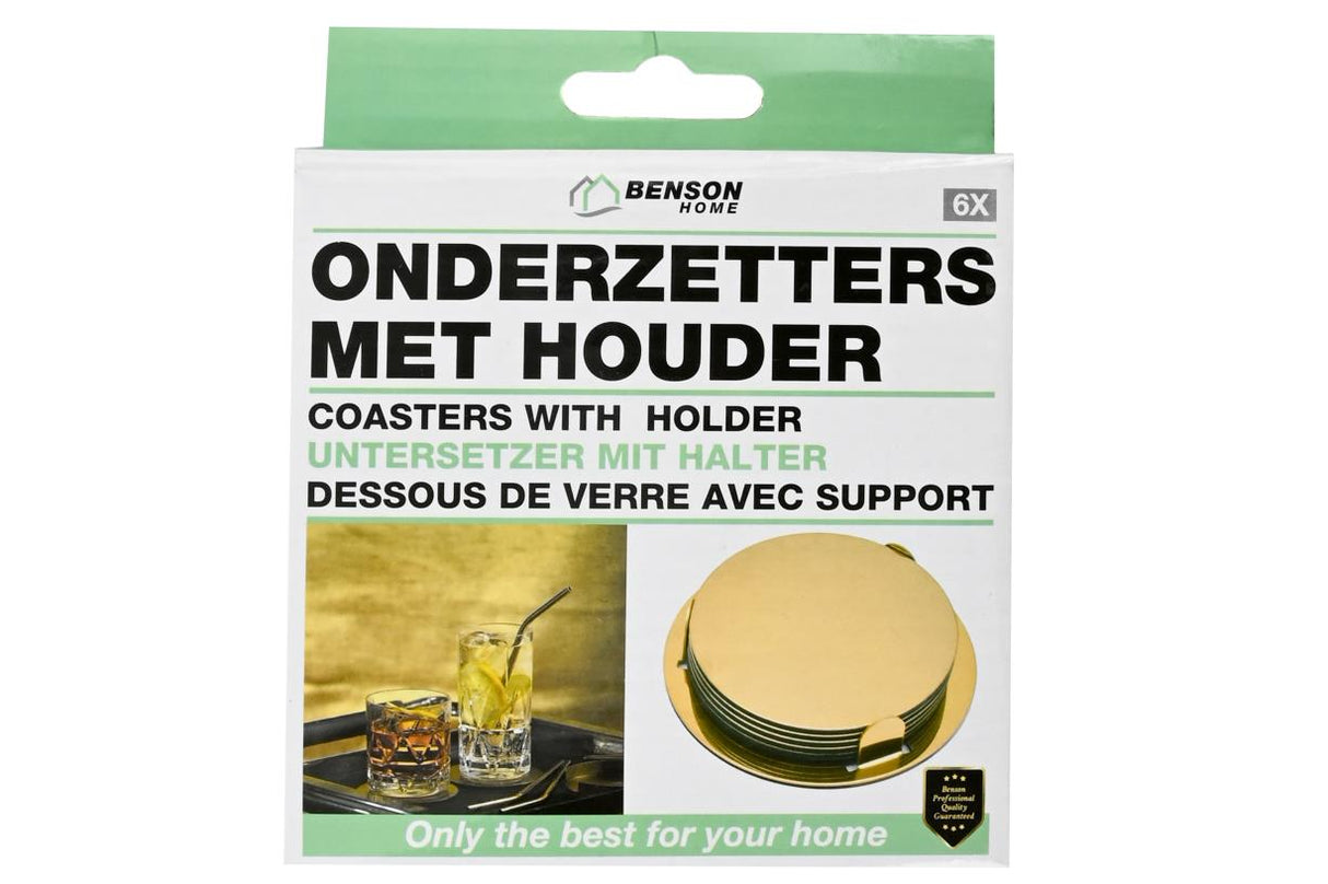 Coasters gold stainless steel 8,5 cm 6 pcs + holder