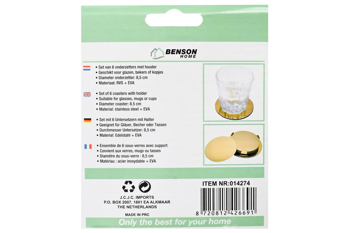 Coasters gold stainless steel 8,5 cm 6 pcs + holder