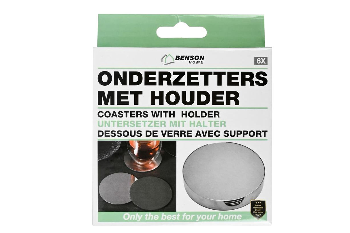 Onderzetters zilver RVS 10 cm 6 dlg + houder