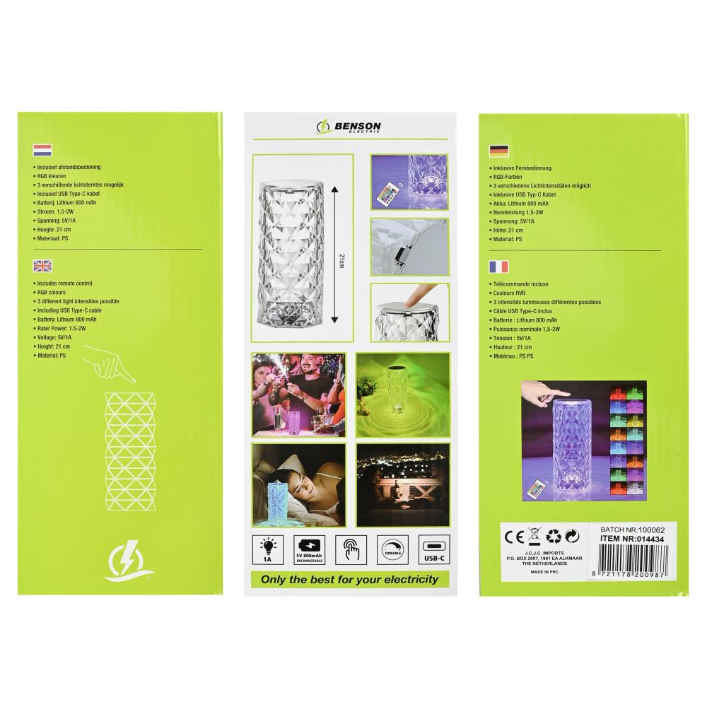 Lampe de table LED cristal rechargeable + télécommande