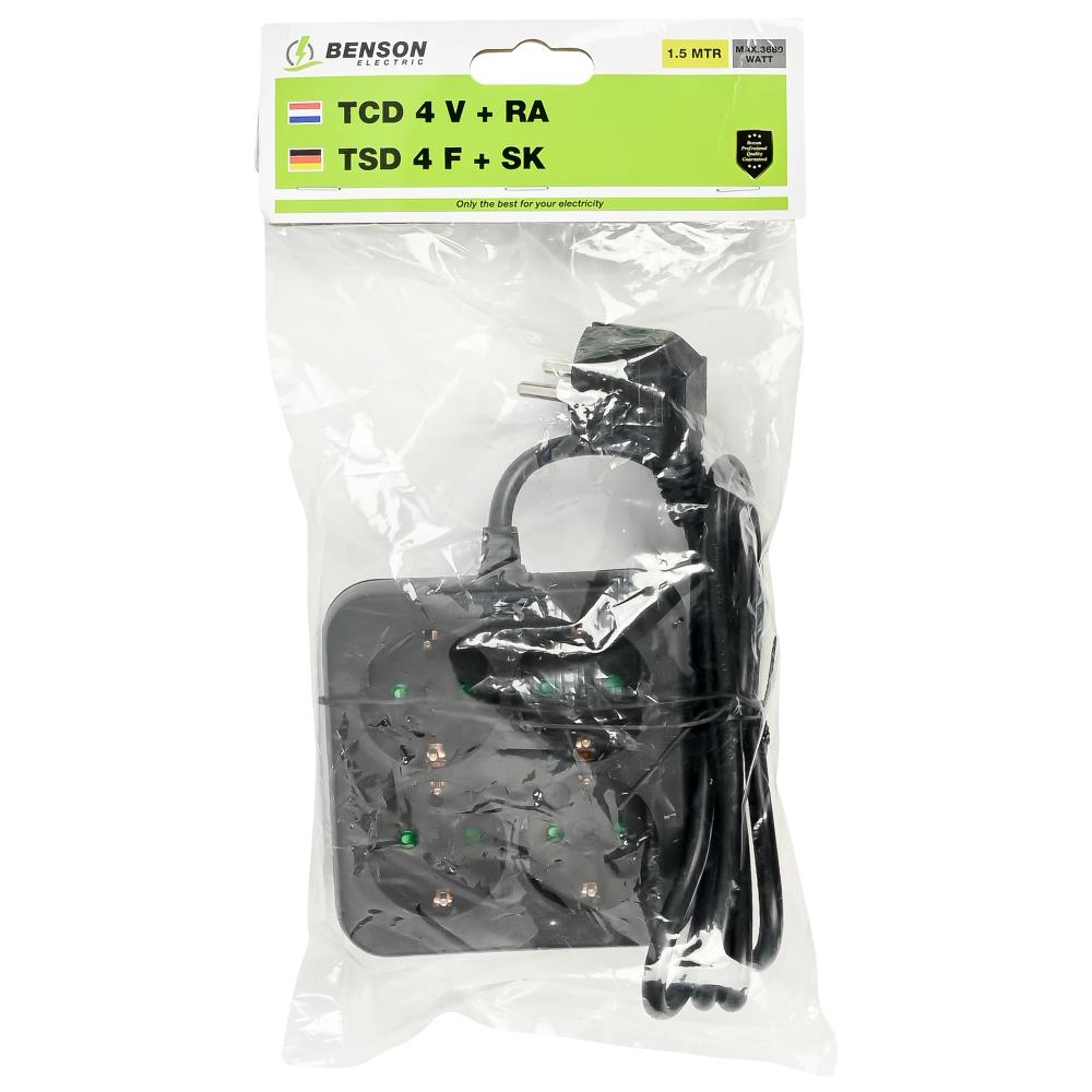 Stekkerdoos 4-voudig + RA + 1.5 mtr vierkant zwart