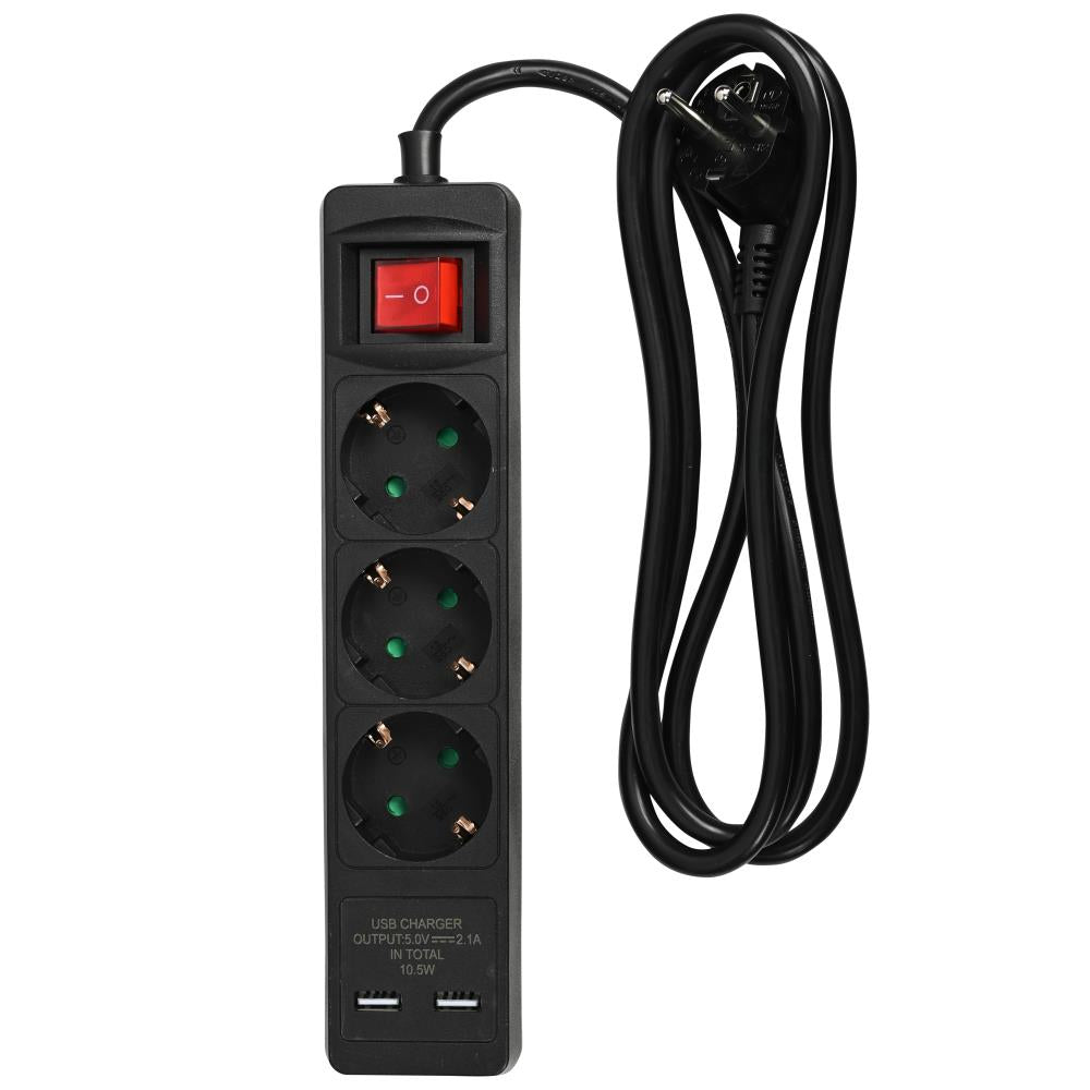 Steckdosenleiste 3-fach + SK + 3 x 1,5 + 3+1 Schalter + 2 x USB + 1,5 m schwarz