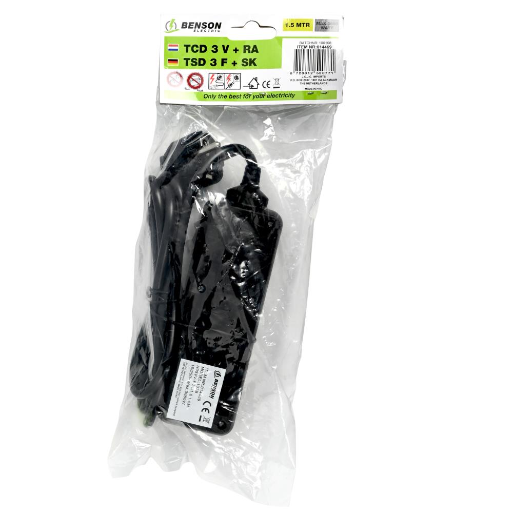 Stekkerdoos 3-voudig + RA + 1.5 mtr zwart