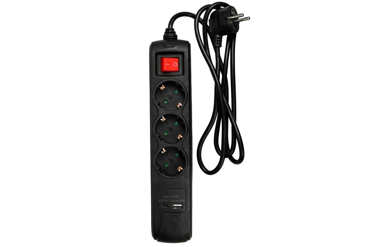 Steckdosenleiste 3-fach SK + Schalter + USB-A + USB-C + 1,5 m schwarz