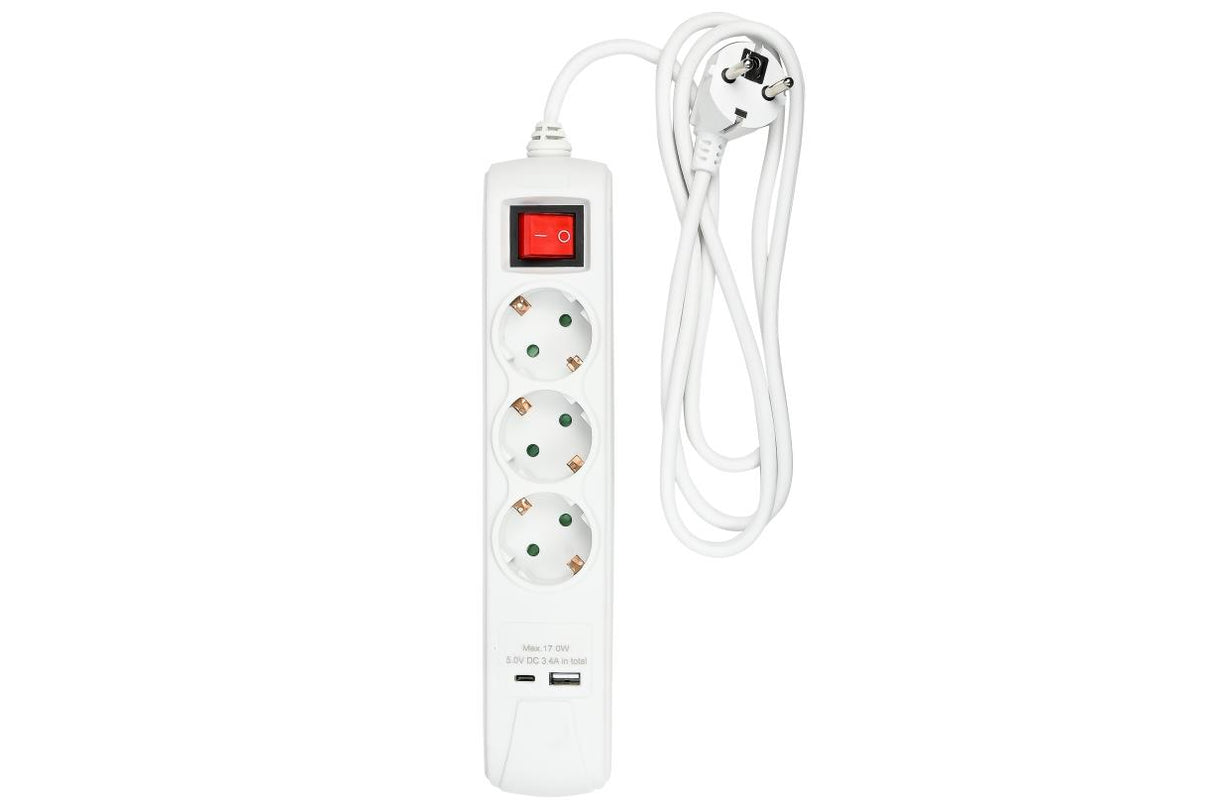 Stekkerdoos 3-voudig RA + schakelaar + USB-A + USB-C + 1.5 mtr wit