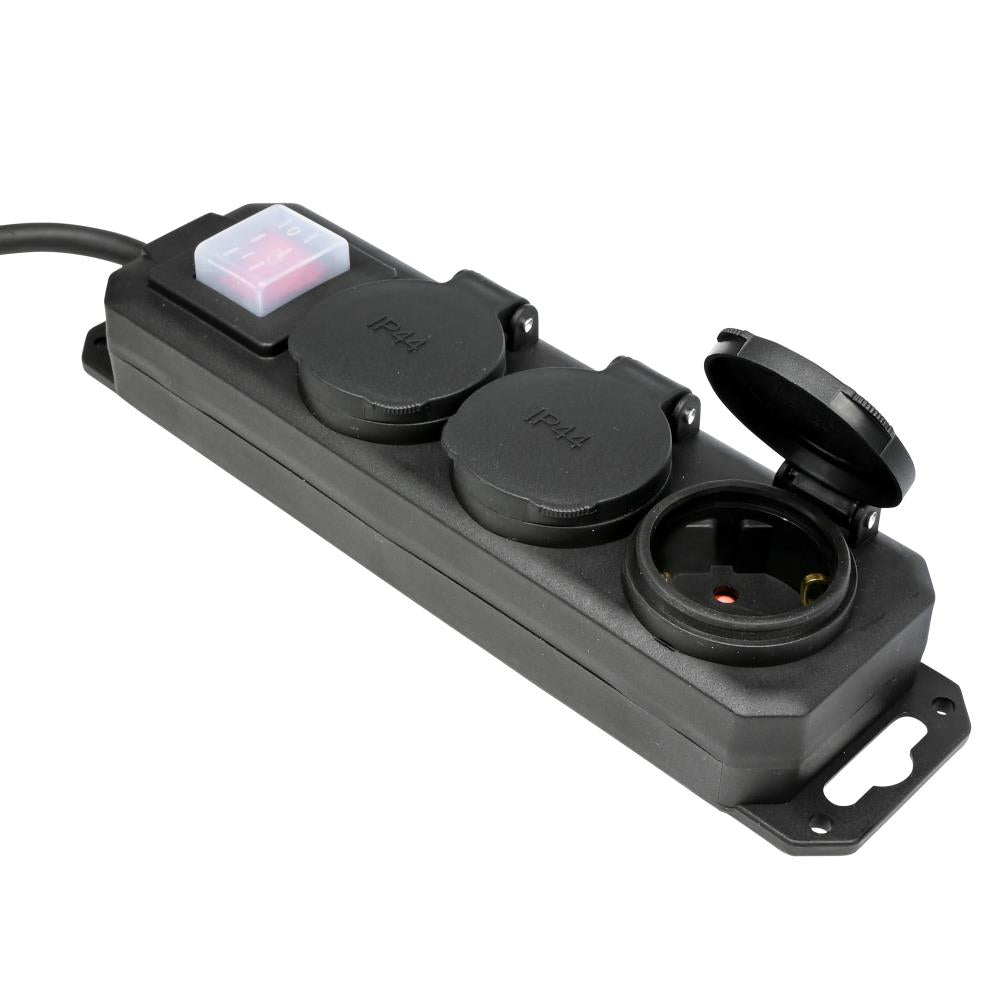 Stekkerdoos 3-voudig + RA + schakelaar 3.0 mtr IP44