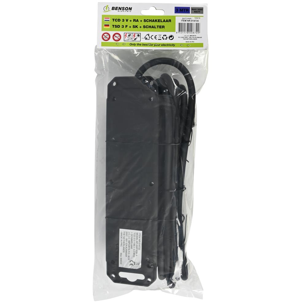 Stekkerdoos 3-voudig + RA + schakelaar 3.0 mtr IP44