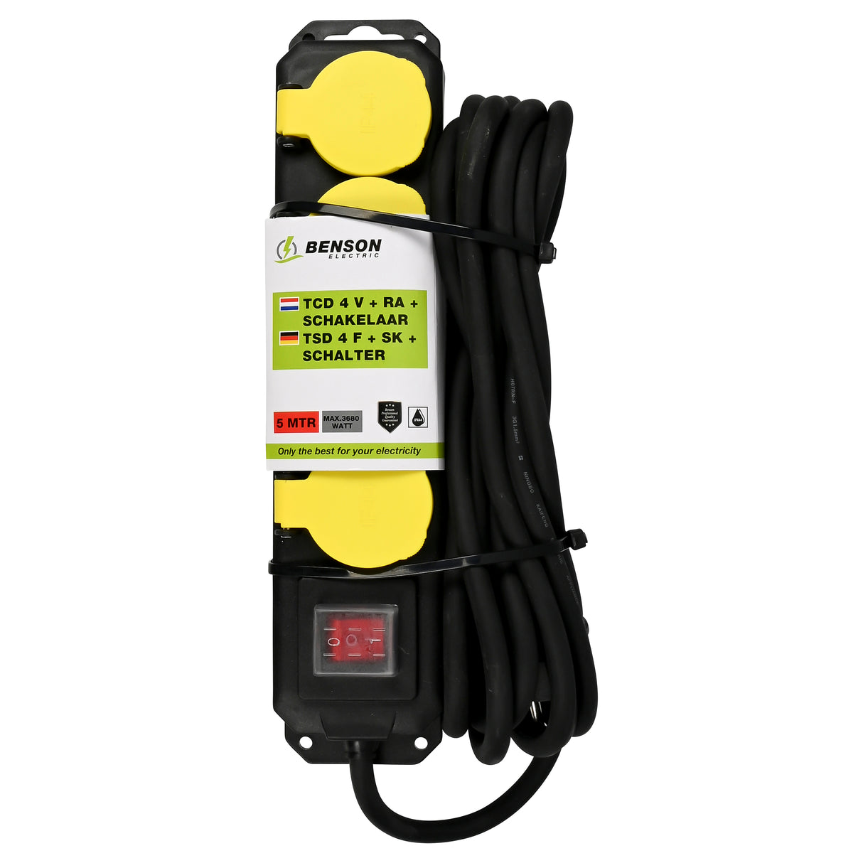 Extension socket 4-way  + earth + switch  5.0 m IP44