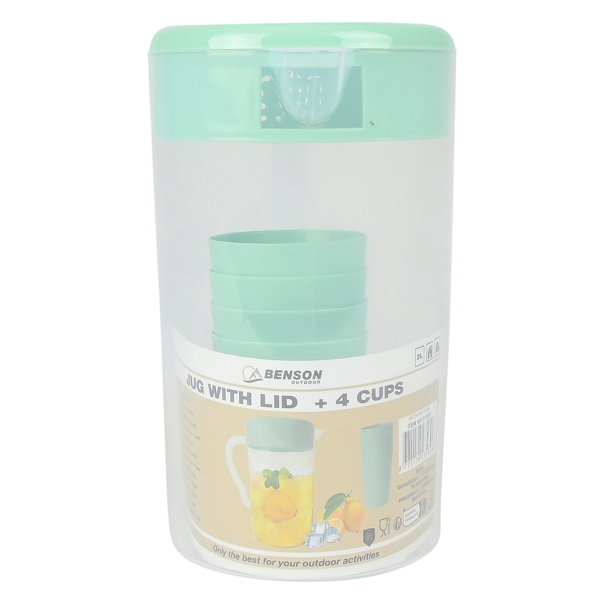 Pichet avec couvercle 2 litres + 4 tasses transparent
