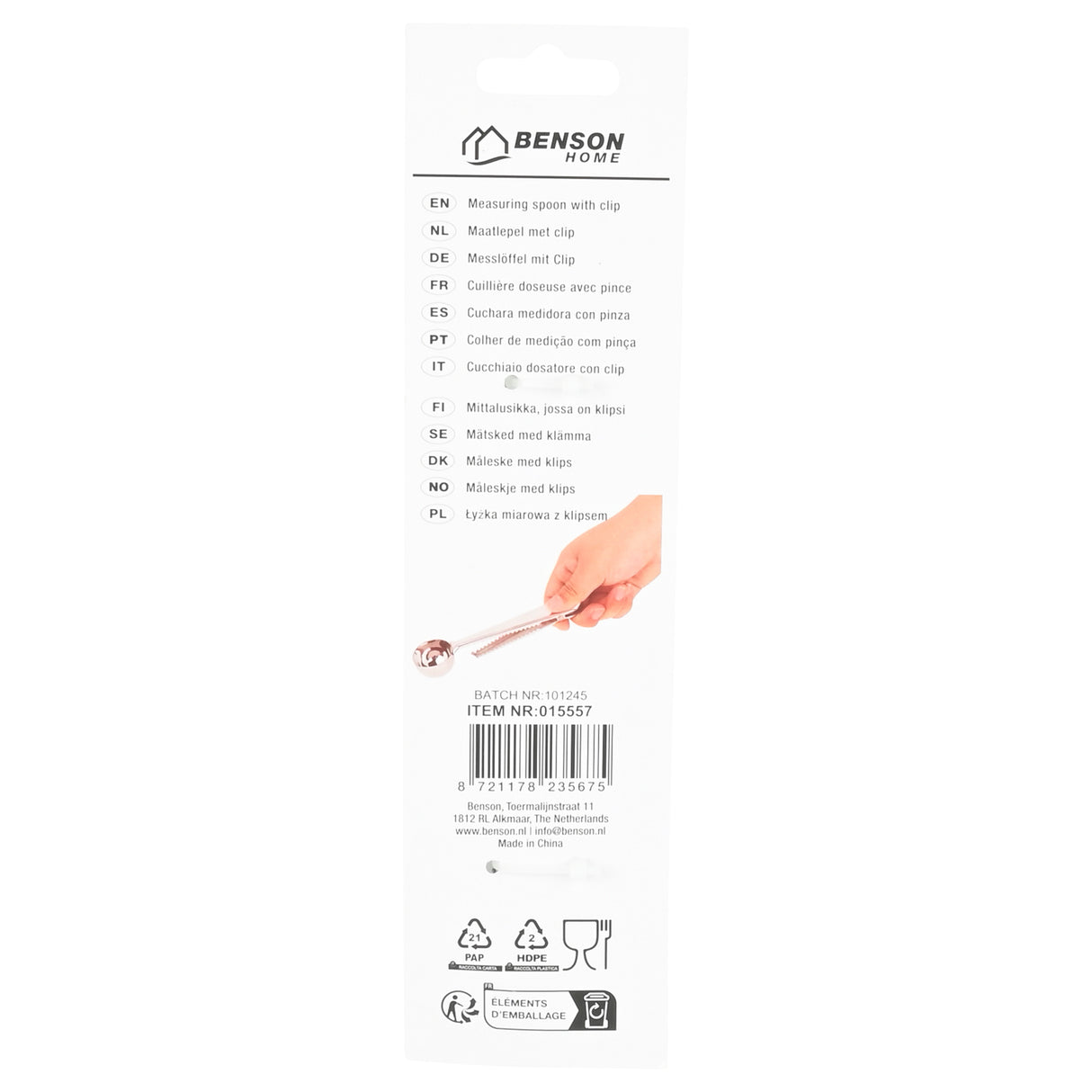 Measuring spoon with clip for coffee/tea